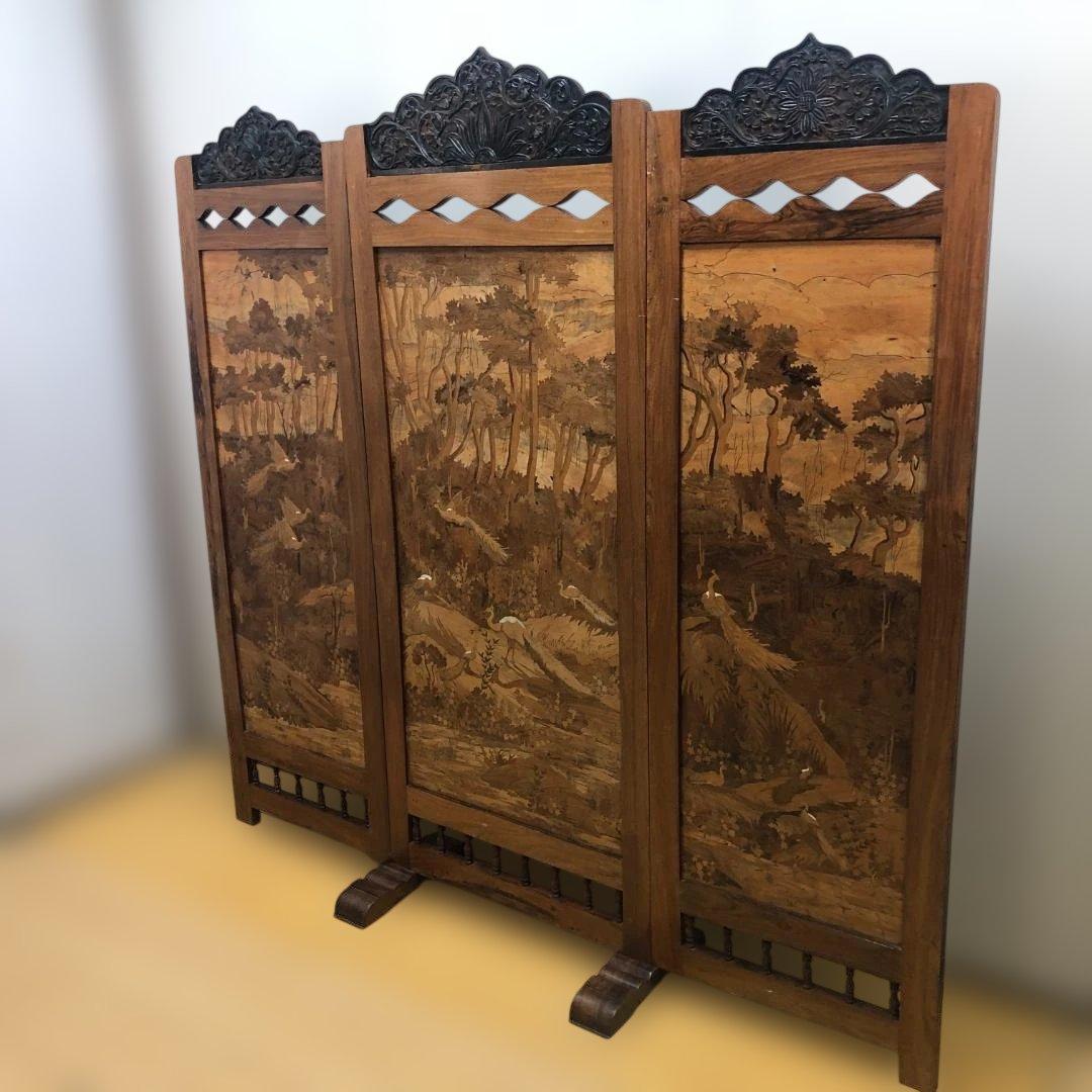 昭和52年製 木象嵌 三連衝立 松に孔雀 瑞鳥 神戸税関検査印 260117-1