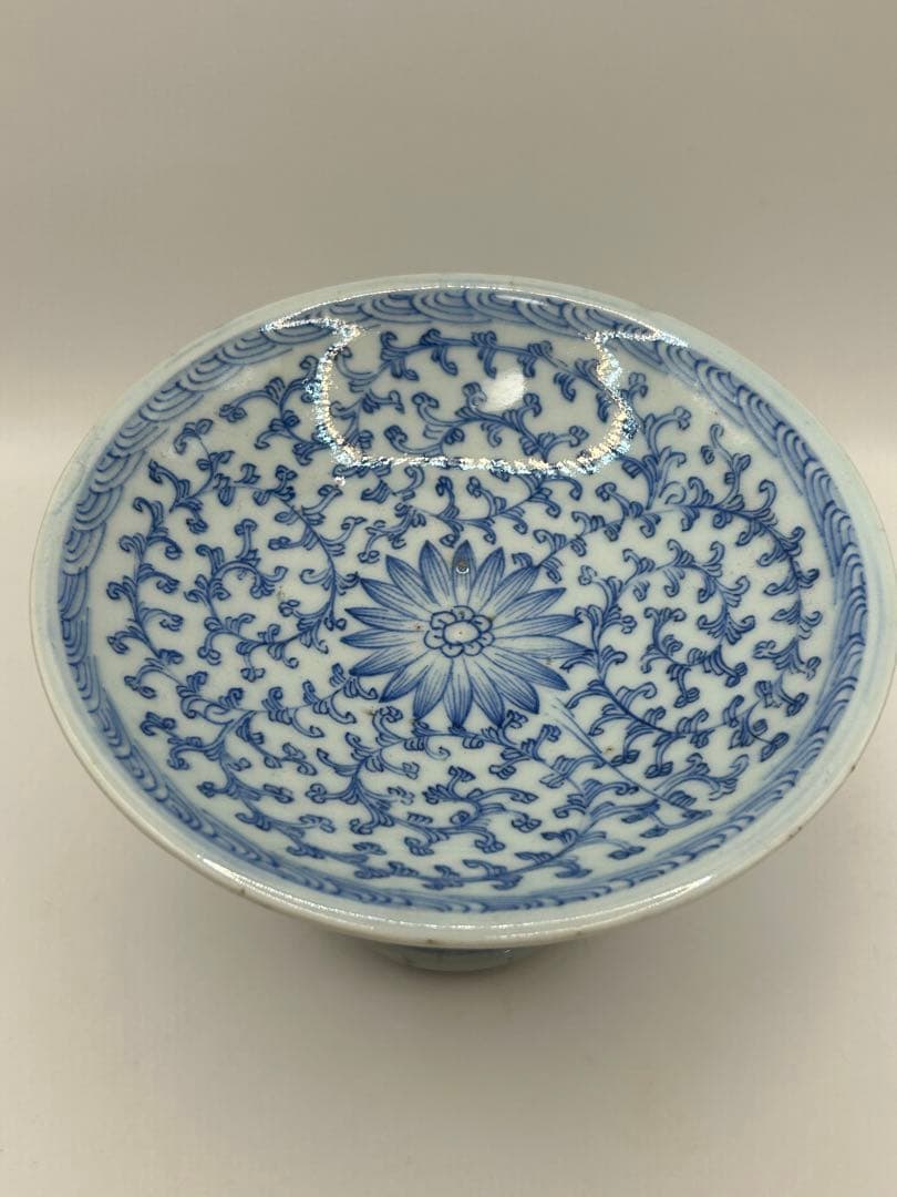 中国　清時代　染付蓮紋高台皿　アンティーク　送料込み0925