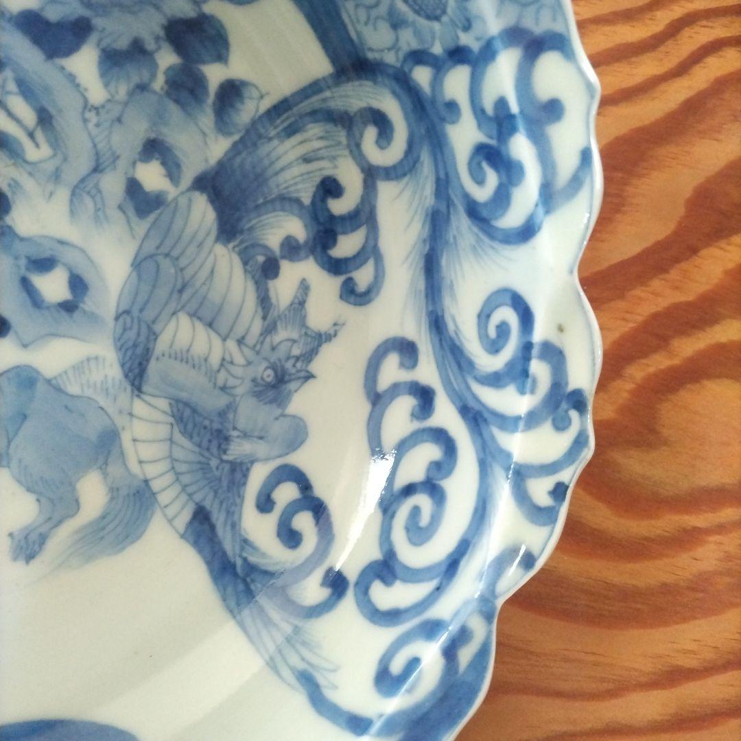 図変わり 洋犬 鉢 鳳凰 江戸期 染付 古伊万里 上手 アンティーク 茶船 茶盤