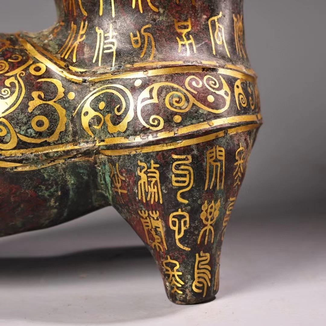 中国古美術・旧蔵青銅製鍍金三足の盛酒器・青銅製・純手作り・置物・茶道具・酒具