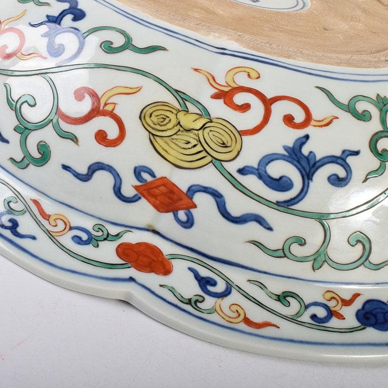 中国　大明萬暦年製　五彩龍鳳凰文　輪花鉢　大皿　直径約40㎝　V　R7860C