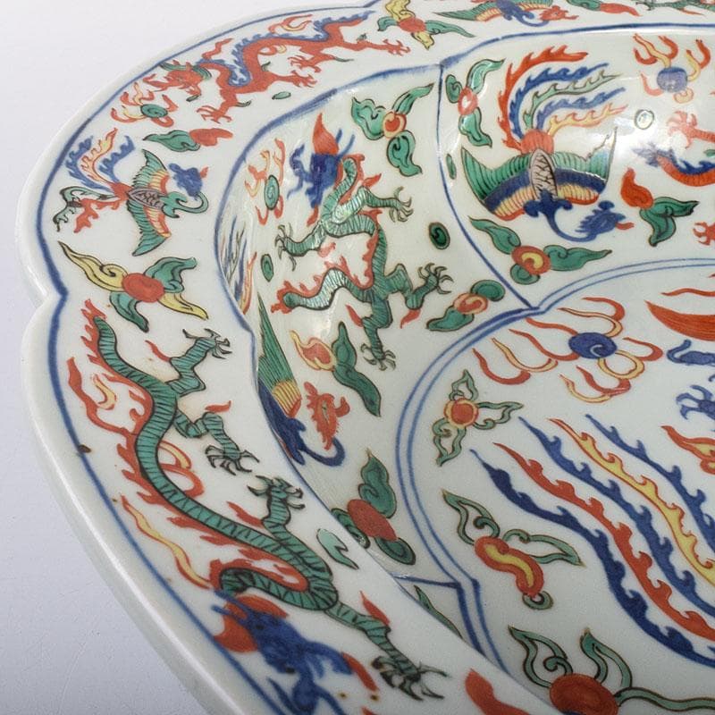 中国　大明萬暦年製　五彩龍鳳凰文　輪花鉢　大皿　直径約40㎝　V　R7860C