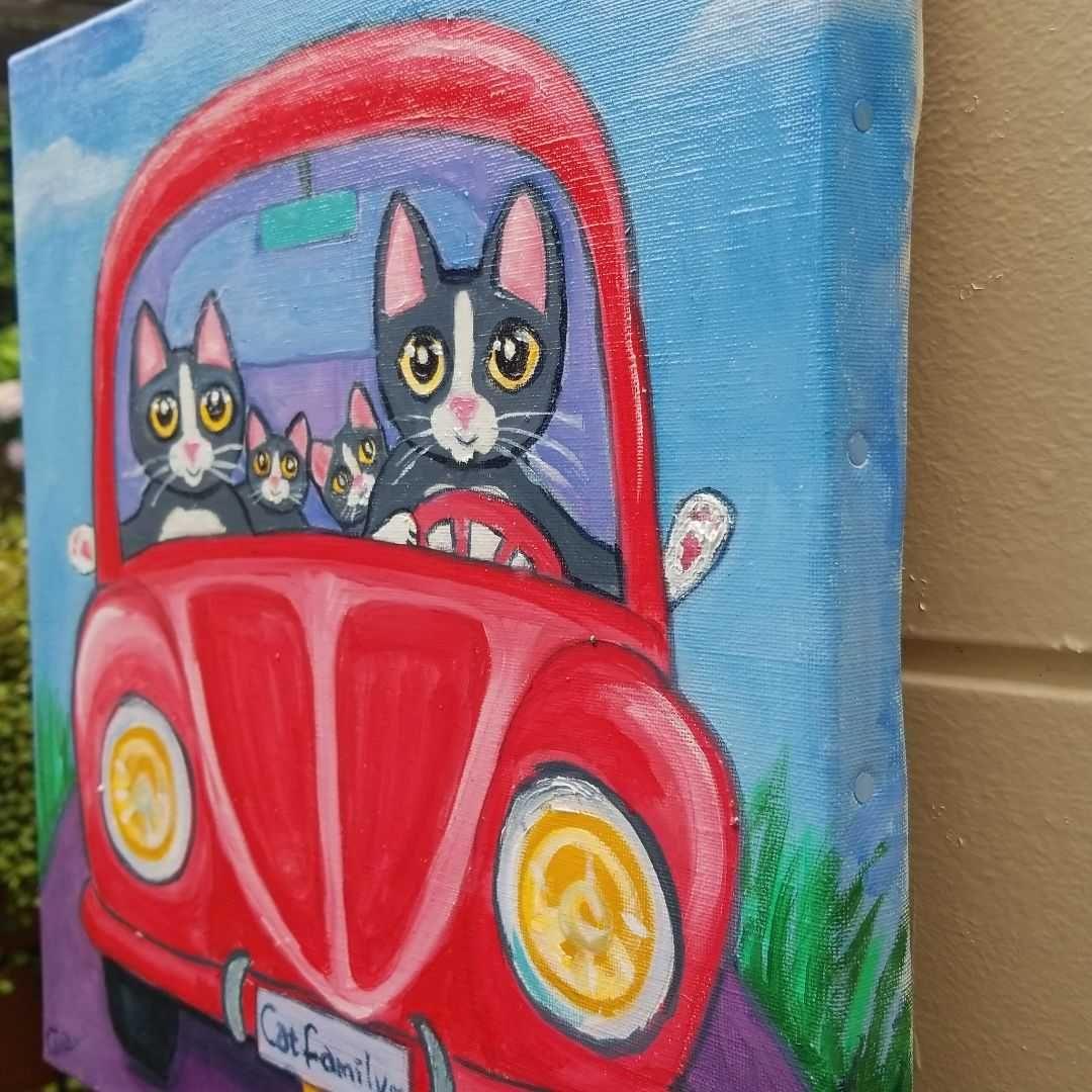 油絵　専用　ドライブに出発する猫の家族