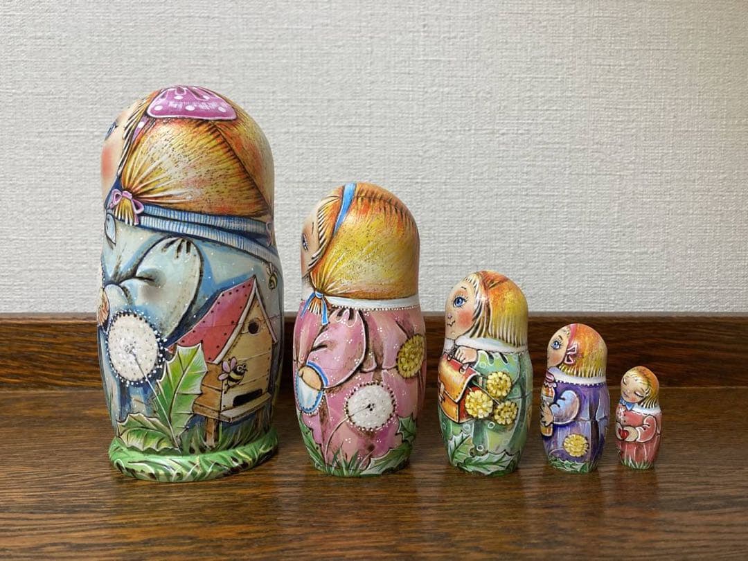 ロシア雑貨☆『タンポポ』ウッドバーニング マトリョーシカ(5P)ミラ作