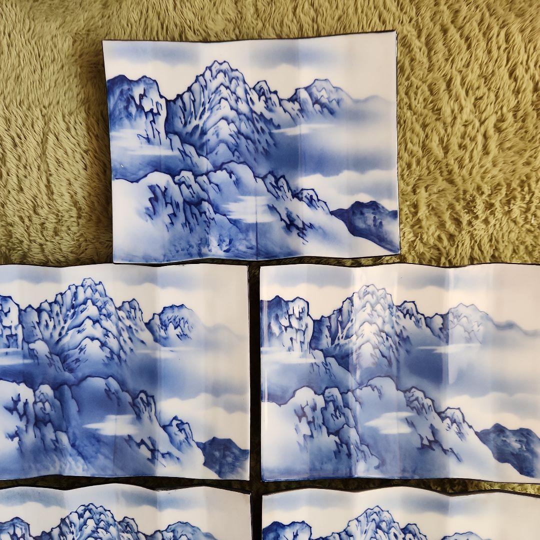 染め付け屏風形剣岳絵図角皿5客