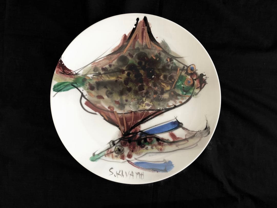 稀少！加山四郎(1900~1972)自筆絵付皿「鰈ほうぼうと鰈の図」供箱入