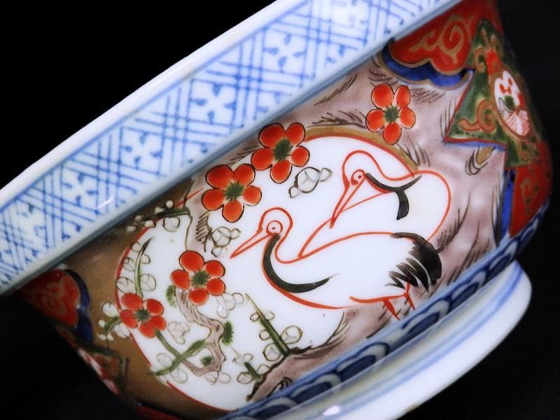 古伊万里　金襴手　双鶴に梅花の図　大振蓋茶碗　2客　D747AS-CHr