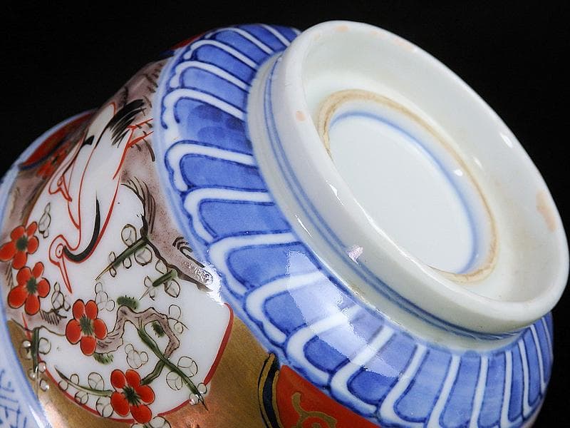 古伊万里　金襴手　双鶴に梅花の図　大振蓋茶碗　2客　D747AS-CHr