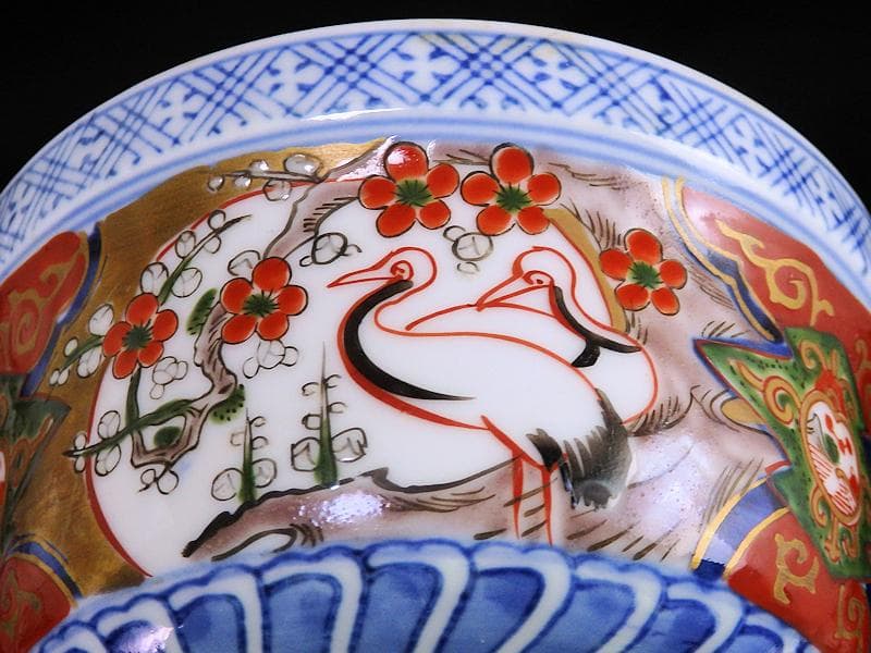 古伊万里　金襴手　双鶴に梅花の図　大振蓋茶碗　2客　D747AS-CHr