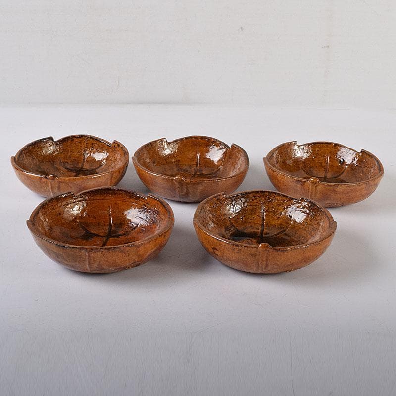 和食器　大樋焼　大樋長楽造　飴釉　柏葉　向皿　5客　共箱　M　R8141