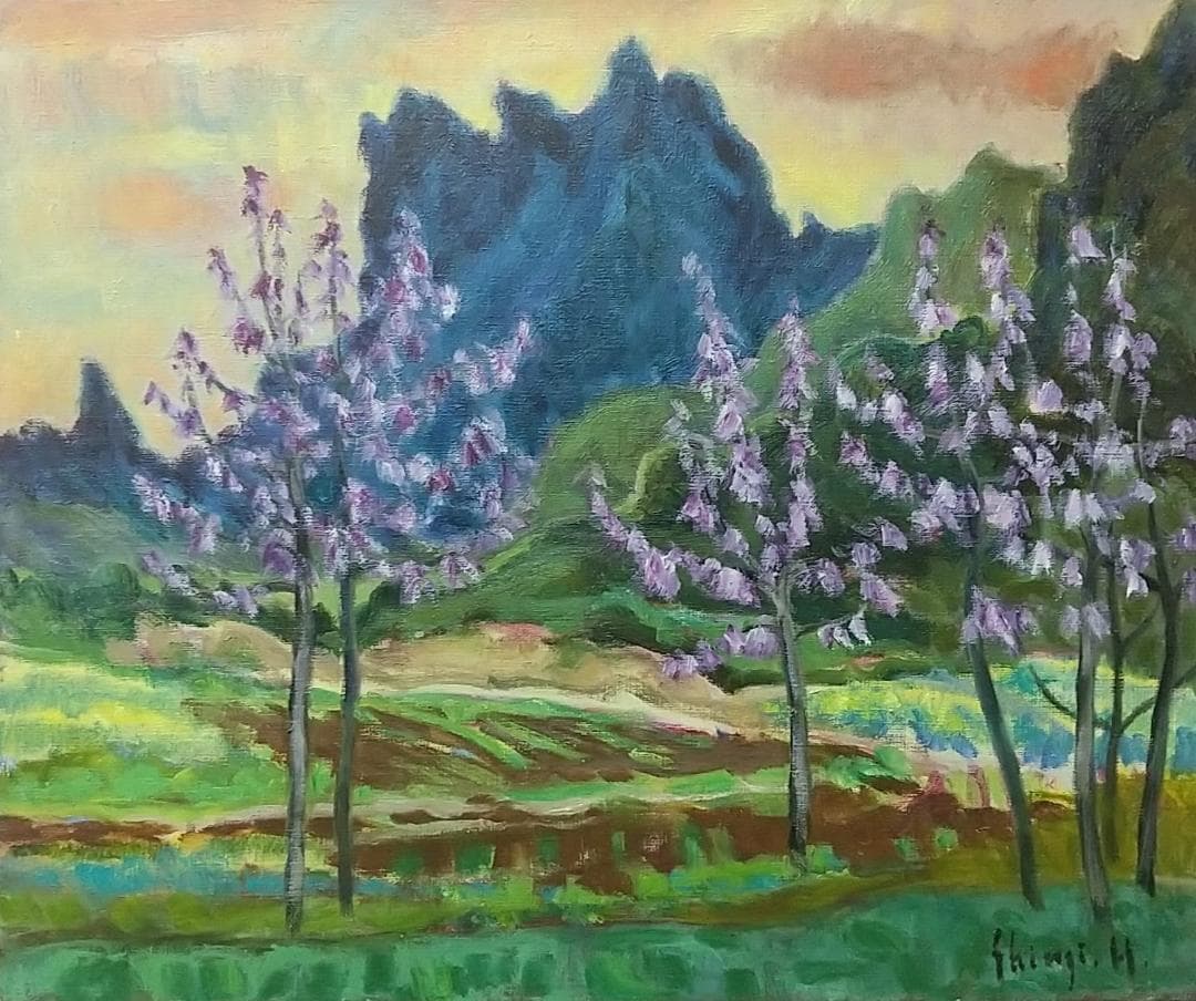 油絵「桐の花咲く妙義」B F8 絵画 油彩画 風景画 アート