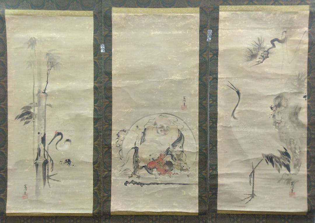 狩野融川【寛信】紙本　三幅 掛軸（江戸　鶴　布袋　唐子　古画）