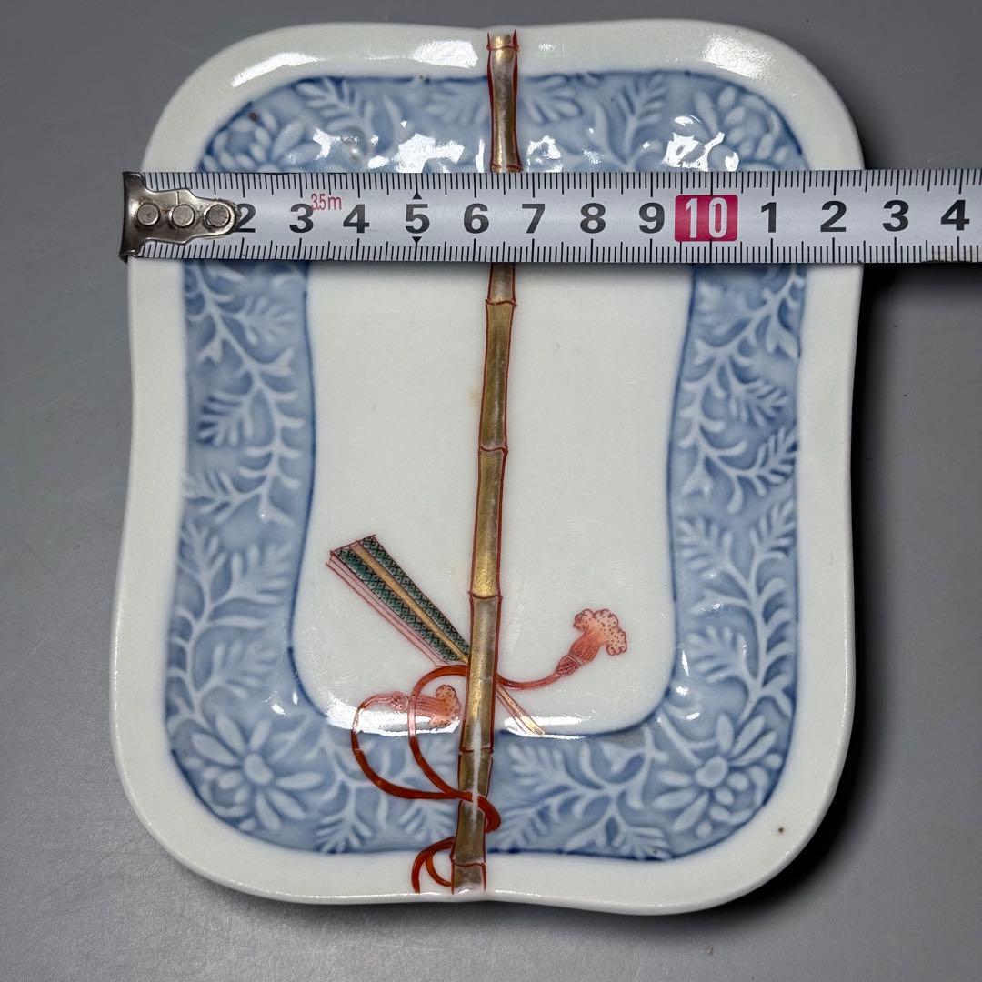 明治時代　有田焼　岩松平吾　色絵軍配形皿　五枚　角岩印　陽刻　珍品　器を楽しむ