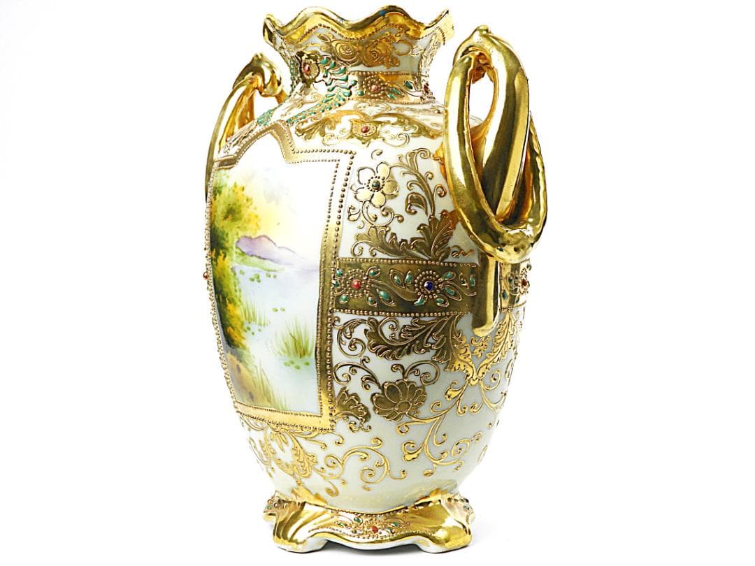 オールドノリタケ 金彩ジュエル風景画 プレッツェルハンドル 飾り壷 アンティーク