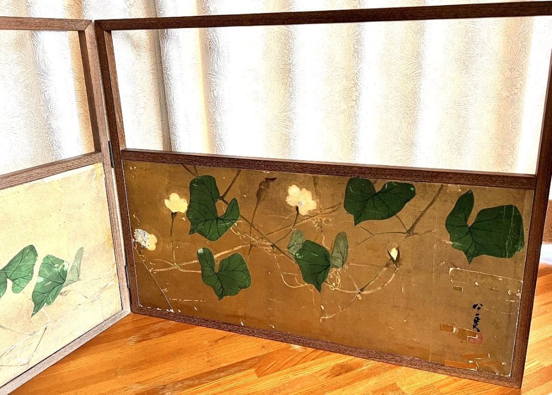 風炉先屏風　金屏風　上田公長　銘あり　明治時代　朝顔図 直しあり