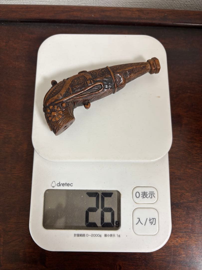 時代鉄砲根付 柘植製 黄楊木 在銘「日昇」 提物 根付 木箱付き 長さ9.5cm