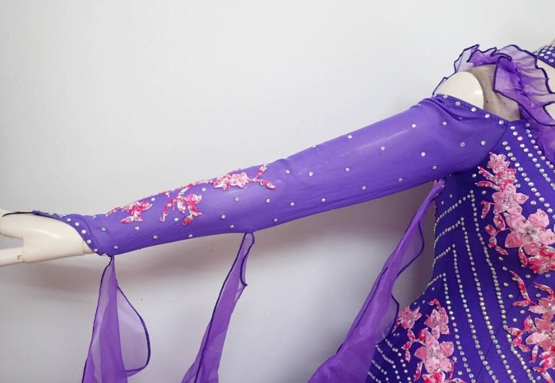 B1456★美品★紫/ピンク花/刺繍/ワンピース/スタンダードドレス☆社交ダンス