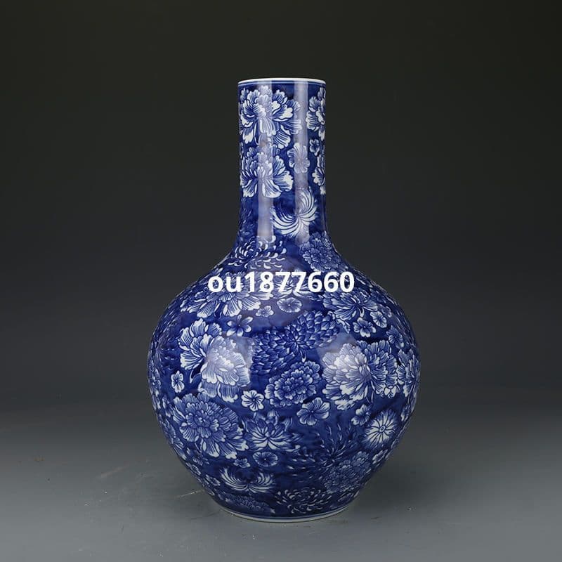 青花万花天球瓶 景徳鎮 陶磁器 装飾品 現代工芸品 美術品 置物