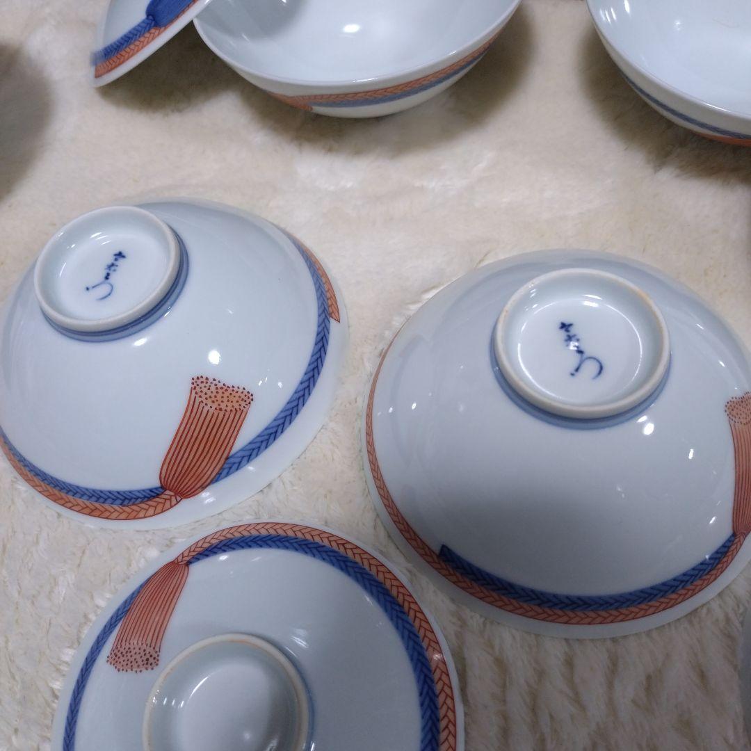 人間国宝　【13代今泉今右衛門】錦　紐(ひも)の絵　蓋付茶碗　5つ揃い