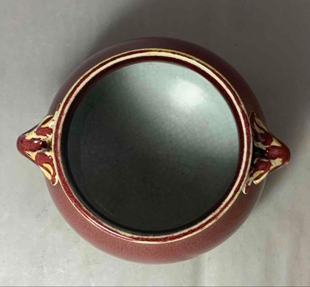 中国 紅釉羊耳付壺　f2250914