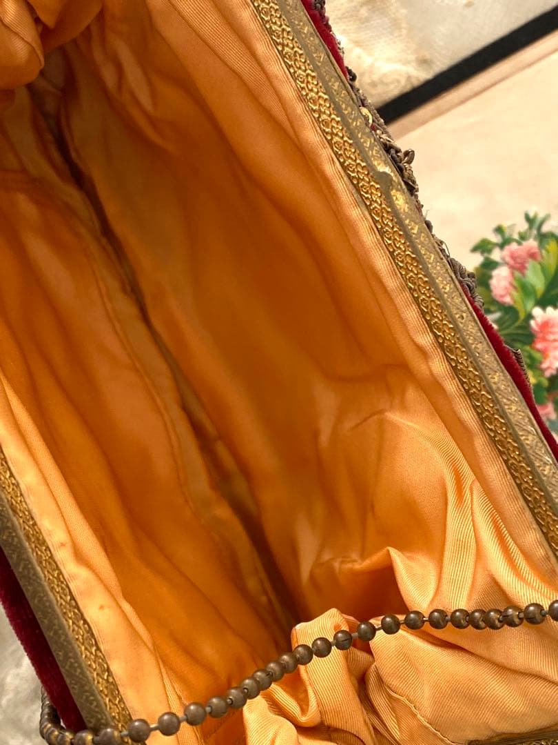 英国アンティークゴールドメタリック手刺繍パース　ベルベット　瑪瑙イギリス　花