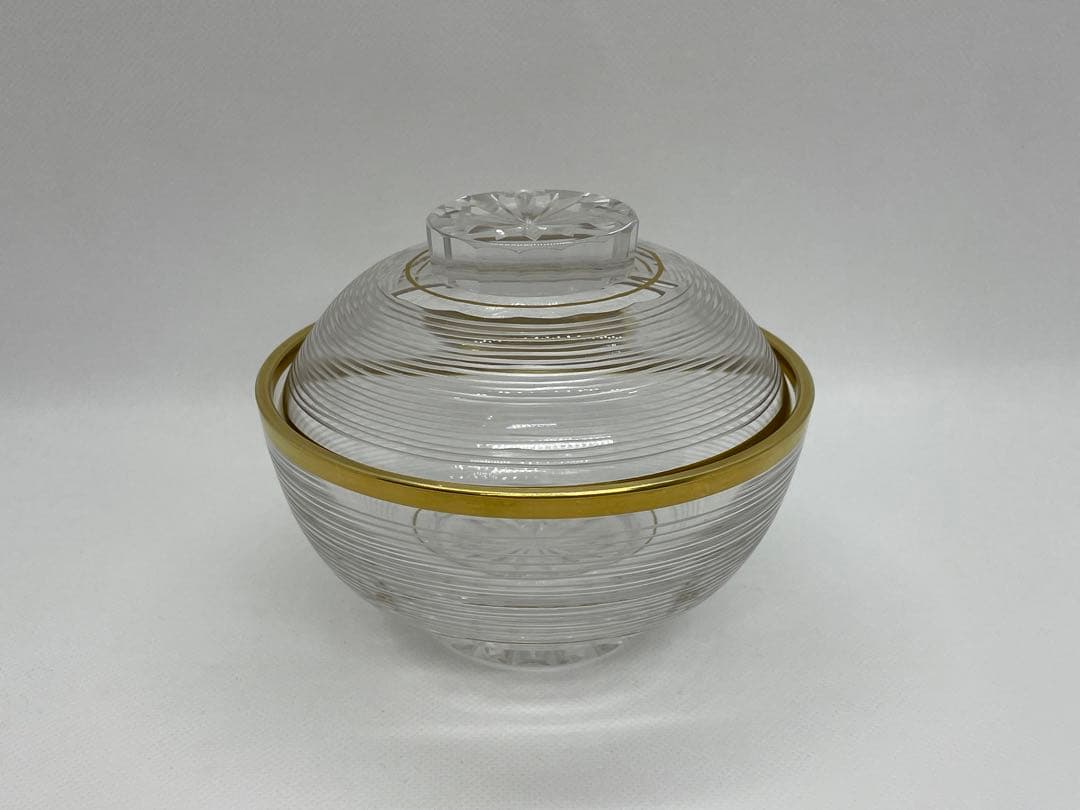 【和食器】クリスタルガラス　金縁輪線蓋茶碗　美しいガラス食器　バカラ風