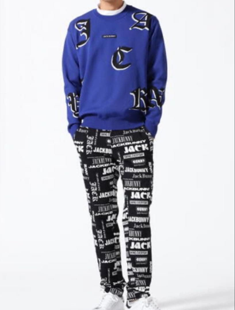 新品 パーリーゲイツ ジャックバニー ゴシックロゴWジャガードニット(6)LL青