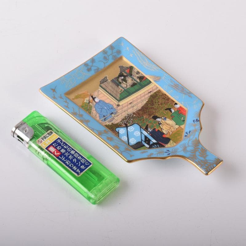 茶道具　栗野芳葉作　色絵　源氏物語絵巻図　羽子板小皿　五客　共箱　V　7784