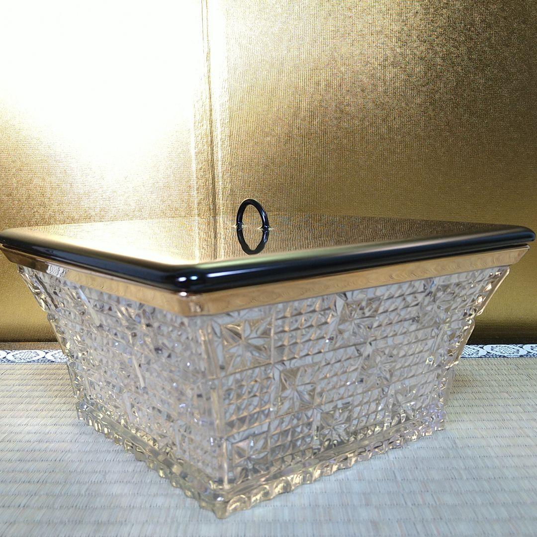 義山水指水差しガラス硝子四方真漆蓋付水崎長寿作金彩縁金切子未使用共箱共布茶道具