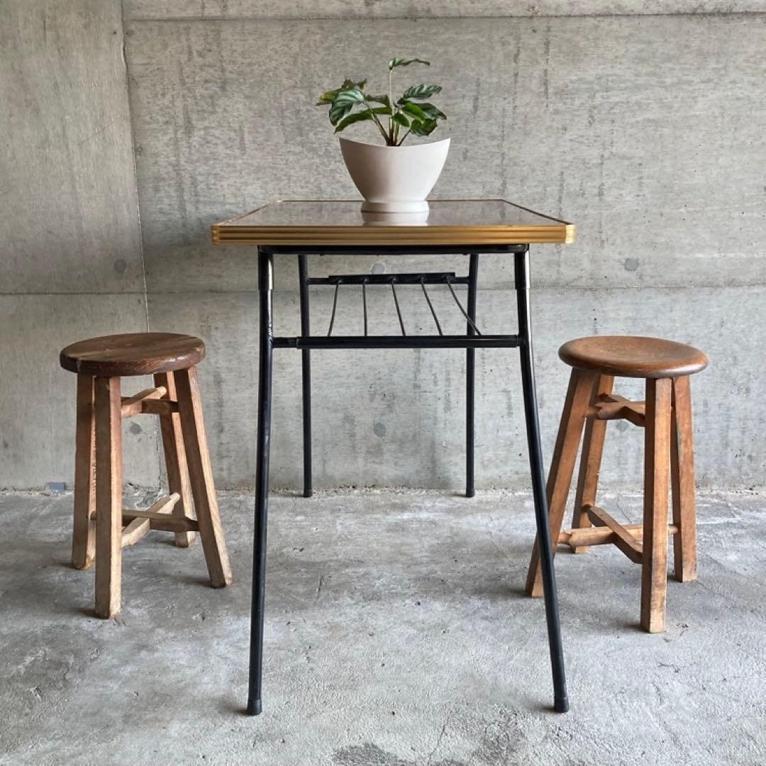 テーブル 机 折り畳み 鉄脚 作業机 食堂 木目調 棚付き 当時物 昭和 レトロ