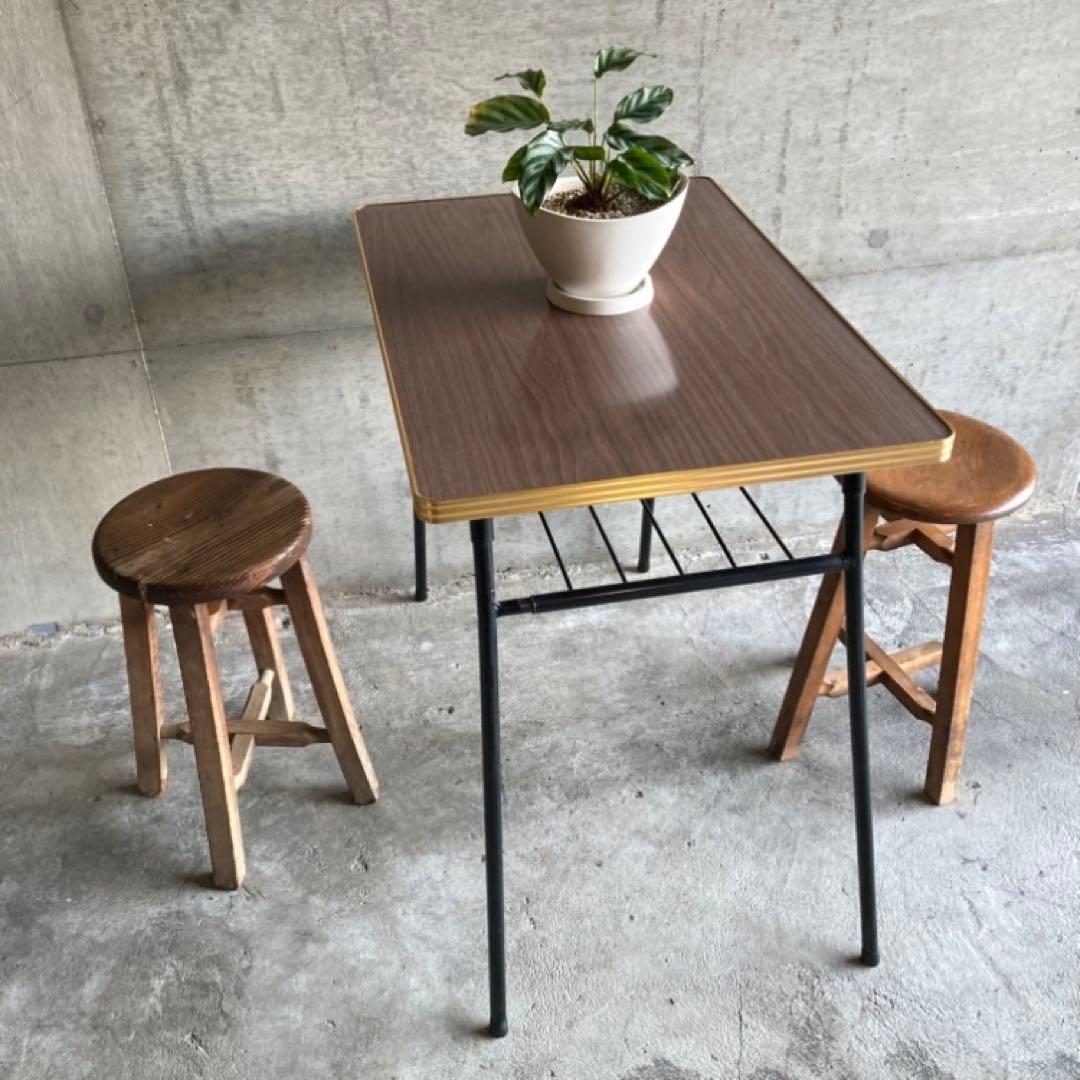 テーブル 机 折り畳み 鉄脚 作業机 食堂 木目調 棚付き 当時物 昭和 レトロ