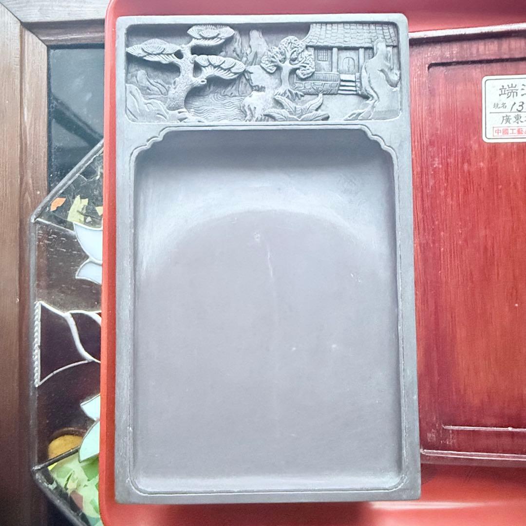 2245様感謝‼️不世出‼️旧家蔵出書の極み『松と芭蕉陽刻天然端渓硯』」文房四宝