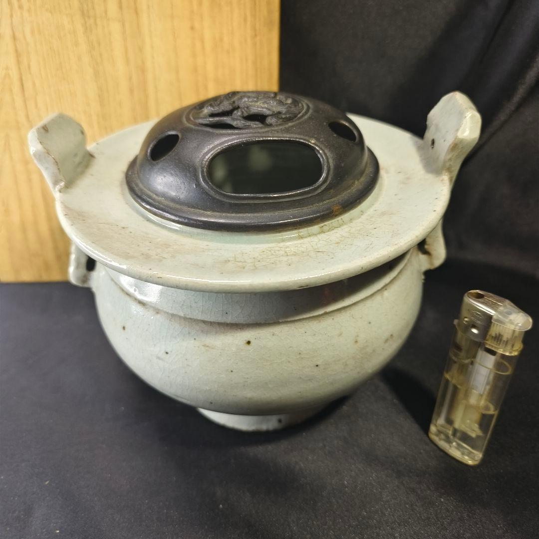 李朝骨董 古銅蓋青磁香炉 貫入入り 朝鮮王朝 古美術品 桐箱 コレクター放出美品