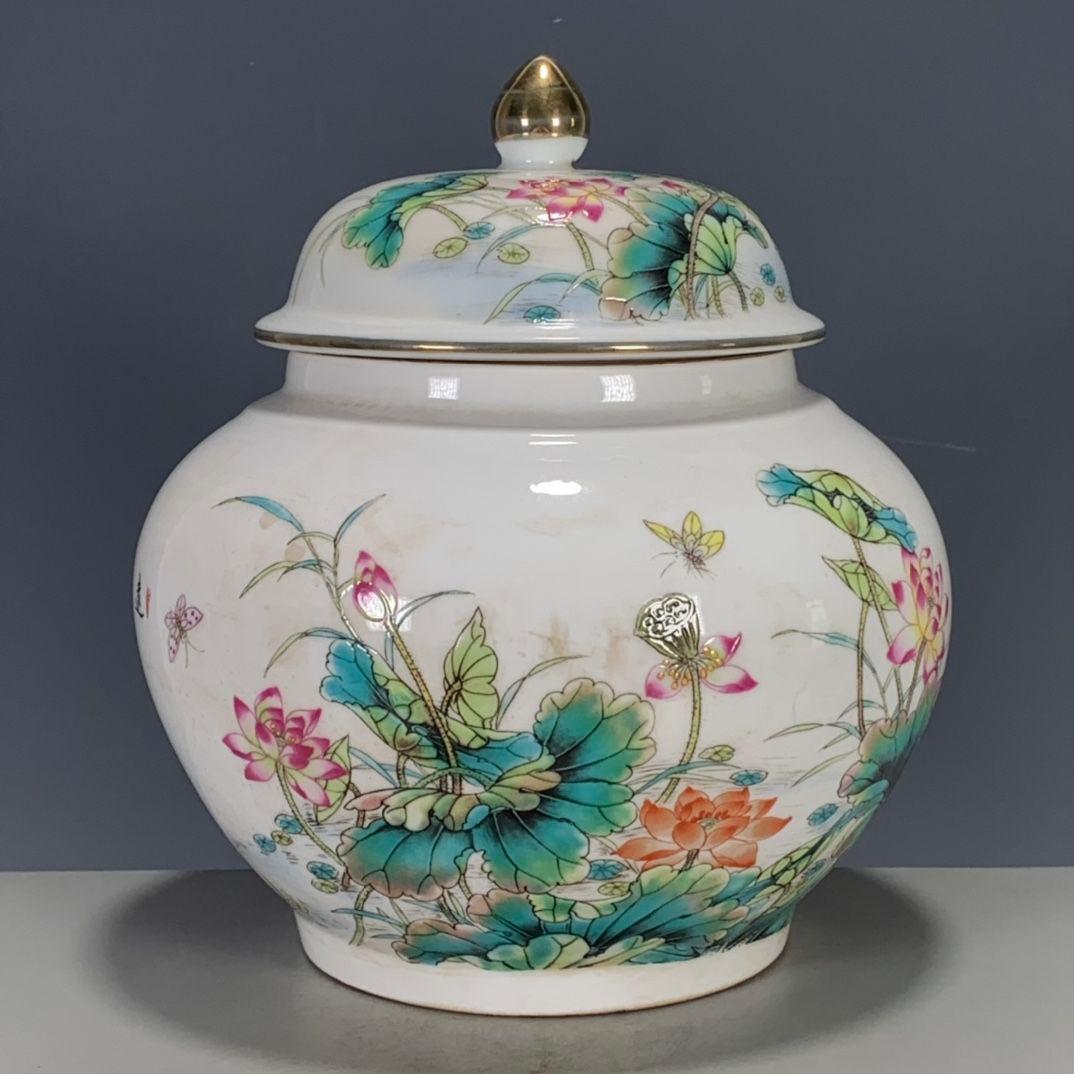 清乾隆粉彩蒔金蓮花蓋缶 景徳鎮 陶磁器 装飾品 工芸品 美術品 置物