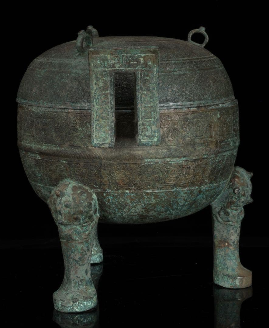 春秋時代 青銅蟠螭紋鼎 三足双耳鼎 蓋付 共箱 古銅器 唐物 時代 古美術 骨董