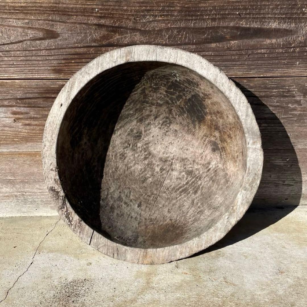 時代不明　シャビーな木鉢　木製 丸型ボウル 使用感あり