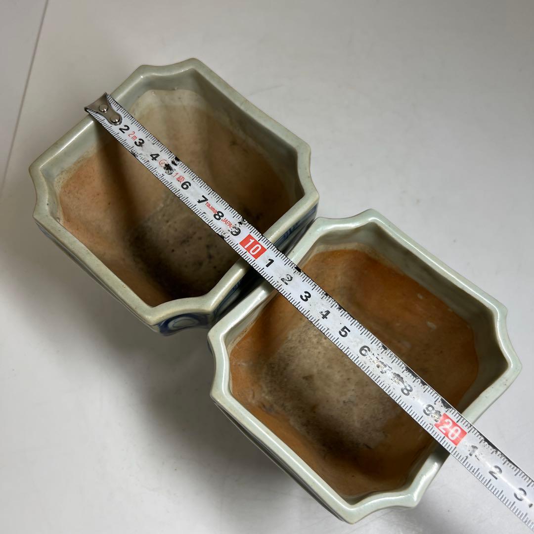 古伊万里　染付角火入一対　木箱付　幅約10㎝　東Y7-0620④タトチ