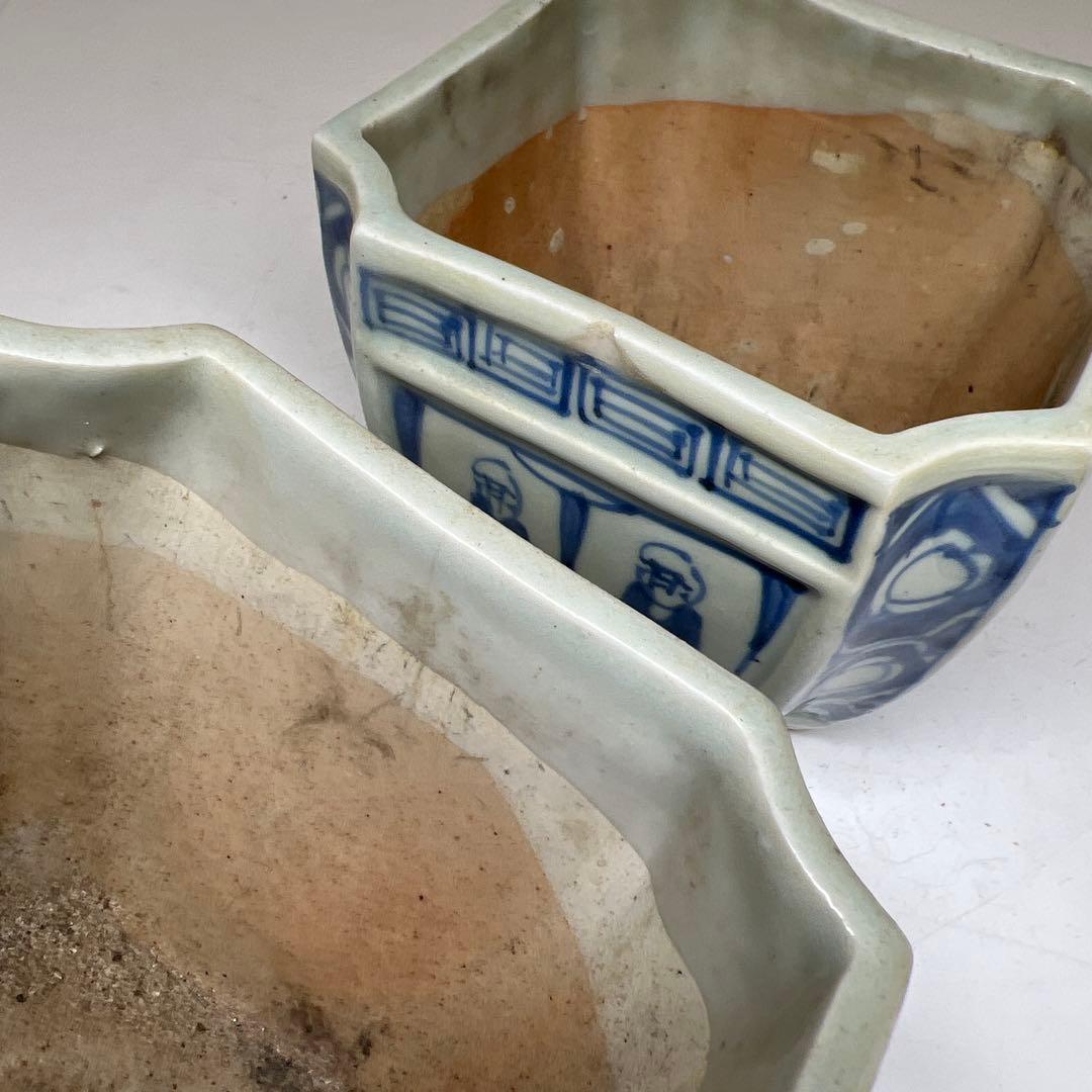 古伊万里　染付角火入一対　木箱付　幅約10㎝　東Y7-0620④タトチ