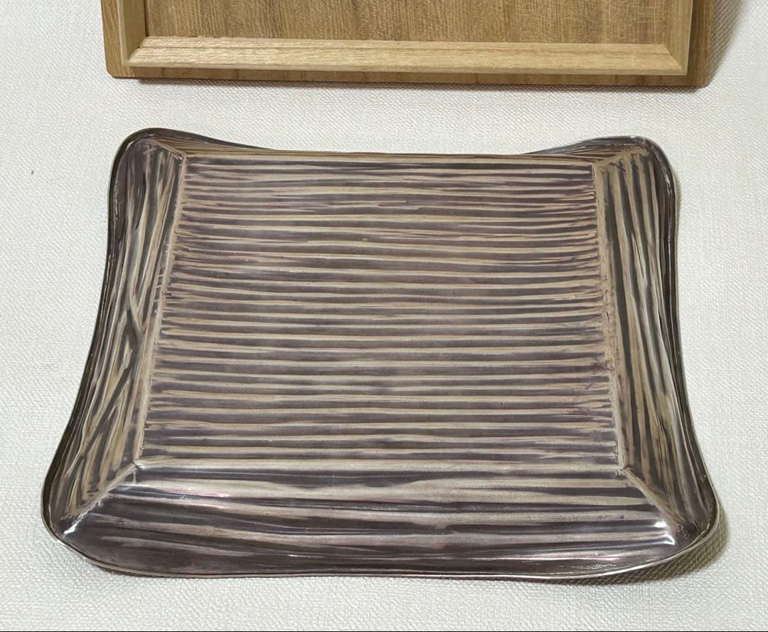 即中斎書付 南鐐菓子盆 浄貞造 共箱 銀製 茶道具 四方皿