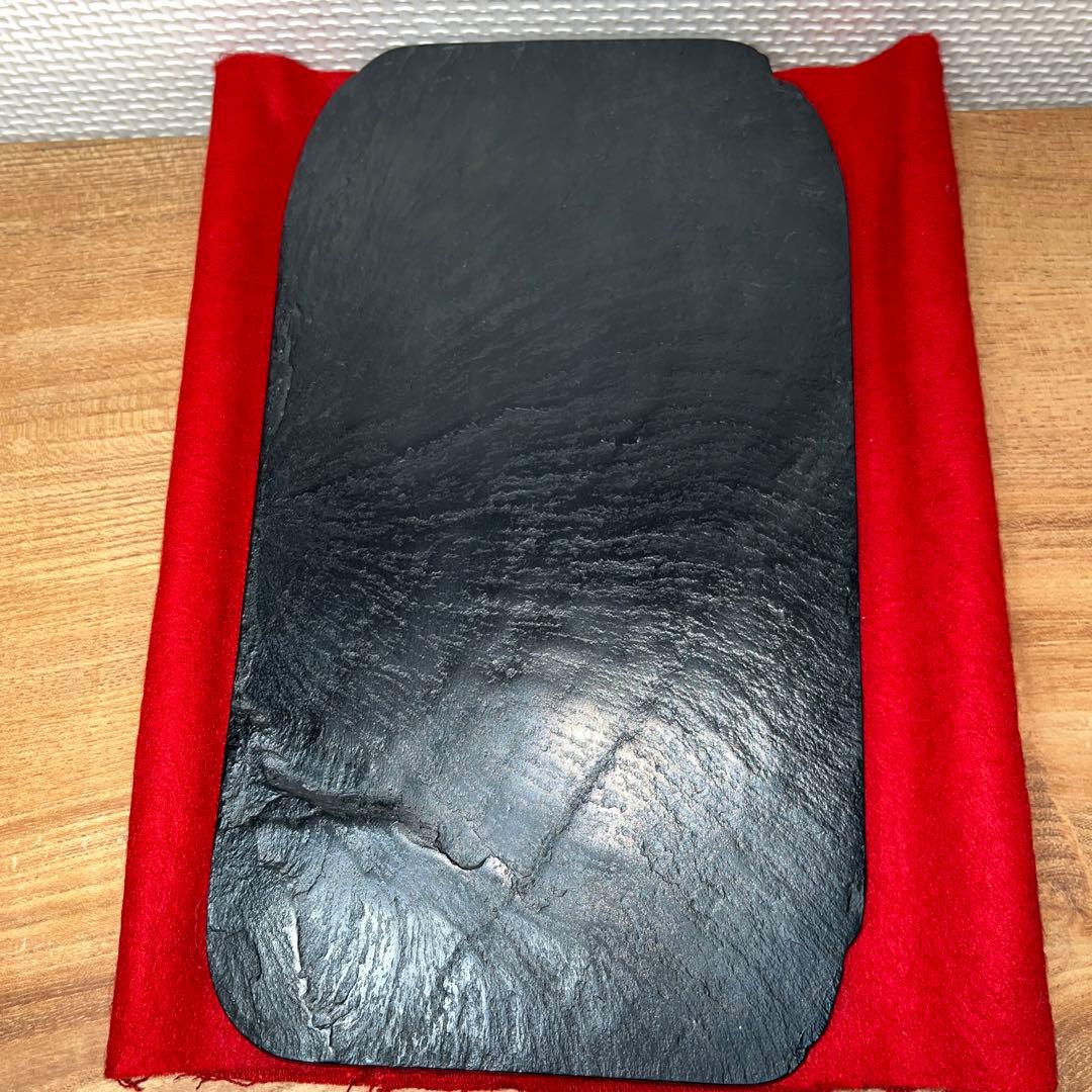 ⭕️雄勝硯　共蓋付き　伝統工芸士　山崎勝　7寸大　咲き梅花彫刻蓋　大型　石紋綺麗