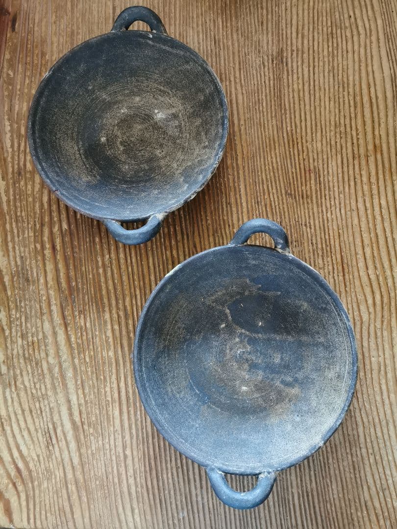 作家物 ギャラリー 個展購入 耳付き墨黒深皿 ワンプレート 2枚ペアセット