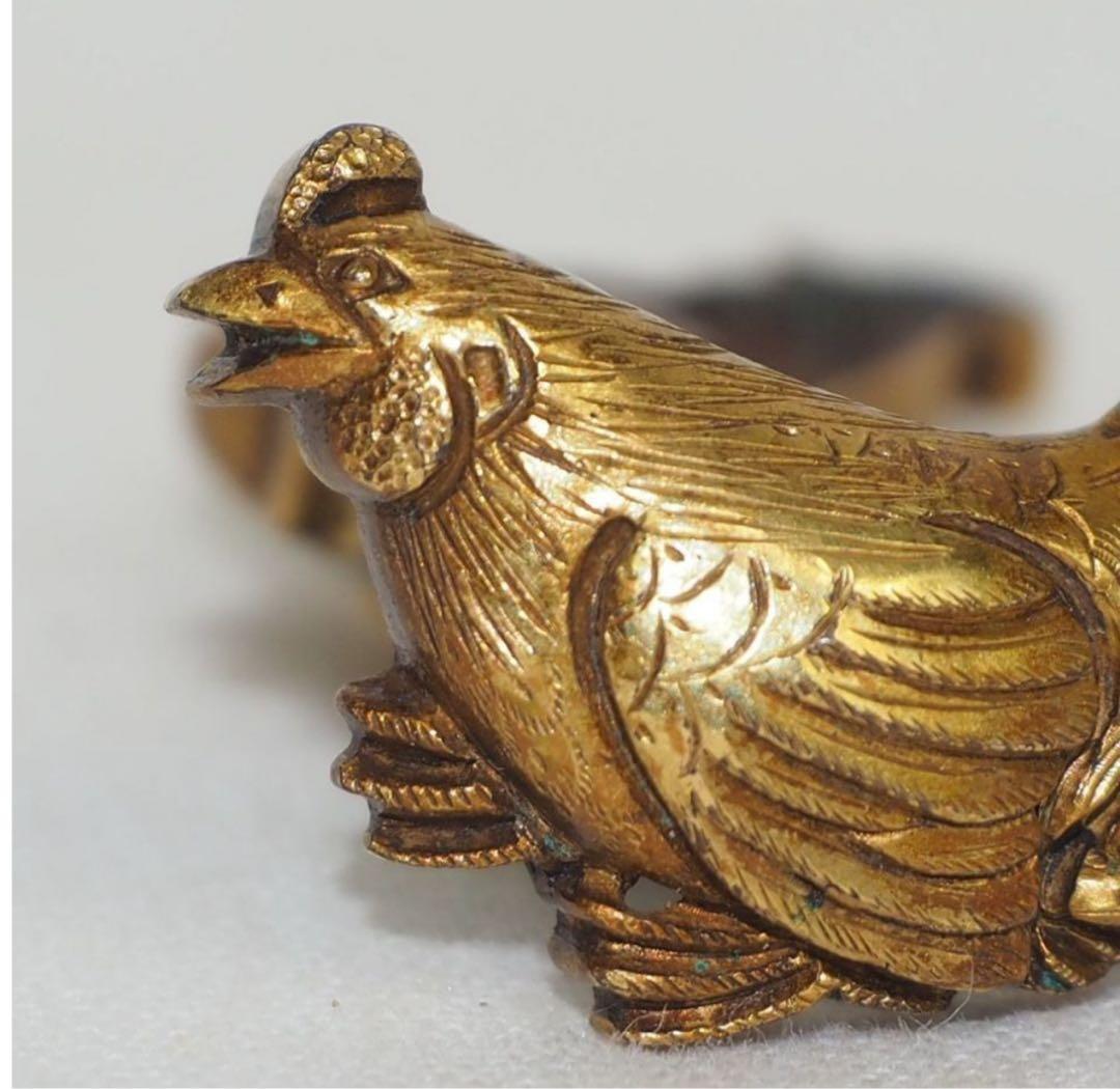 送料無料コレクター放出江戸時代『政義』作　金着せ鶏目貫2点刀装具木箱付大名道具