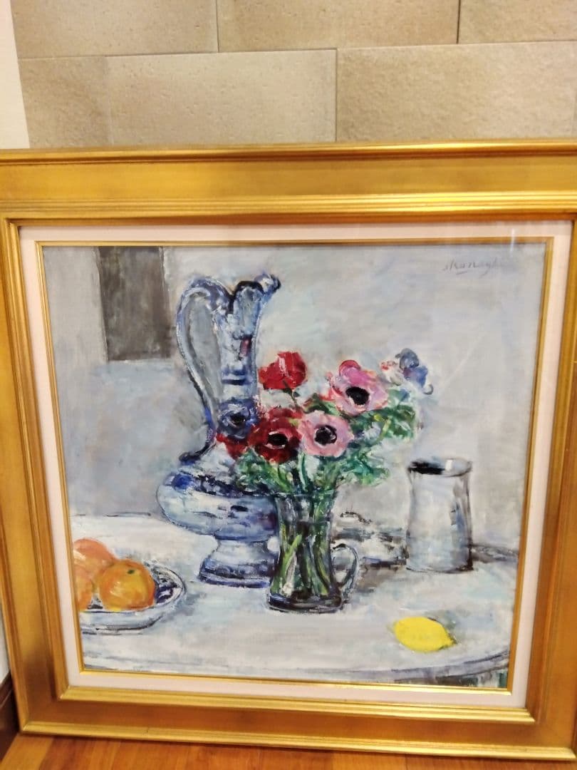 油彩　アネモネと水差し