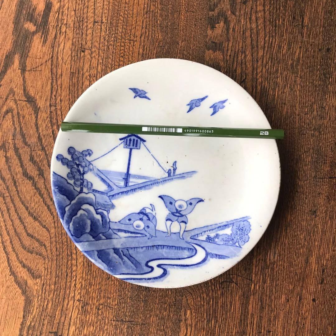 ＊図変わり印判　すずめ踊り　皿　銅版染付　銅摺り印判　明治　大正　古道具＊