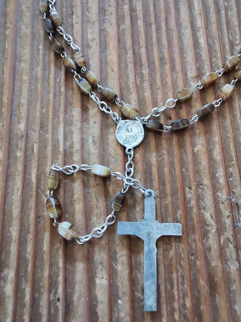 アンティーク ベルギーイタリア セピアマーブルガラス 聖母子のネックレスロザリオ