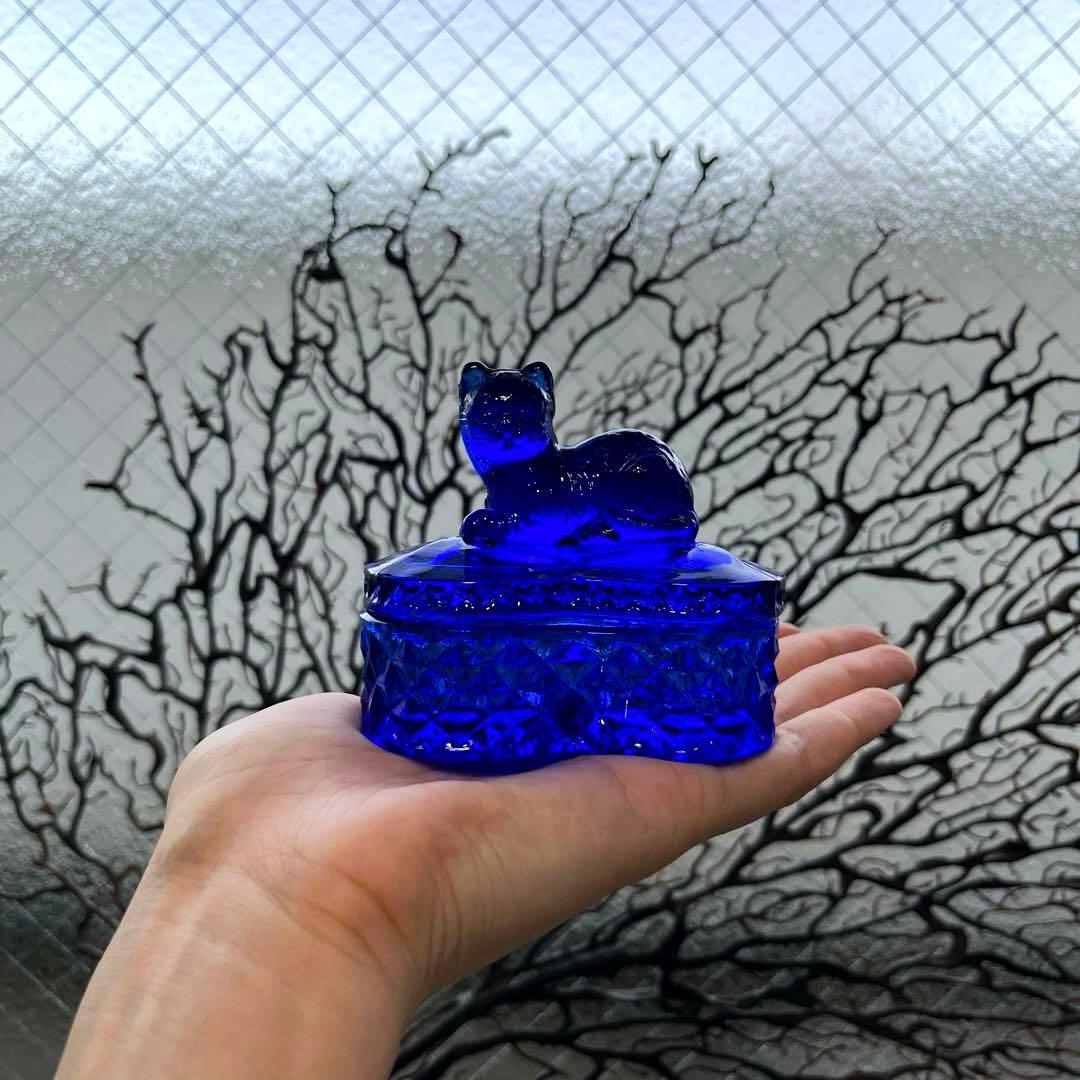 骨董　レトロガラス　希少コバルトブルー　瑠璃色ガラス　子猫　ボンボン入れ　菓子器