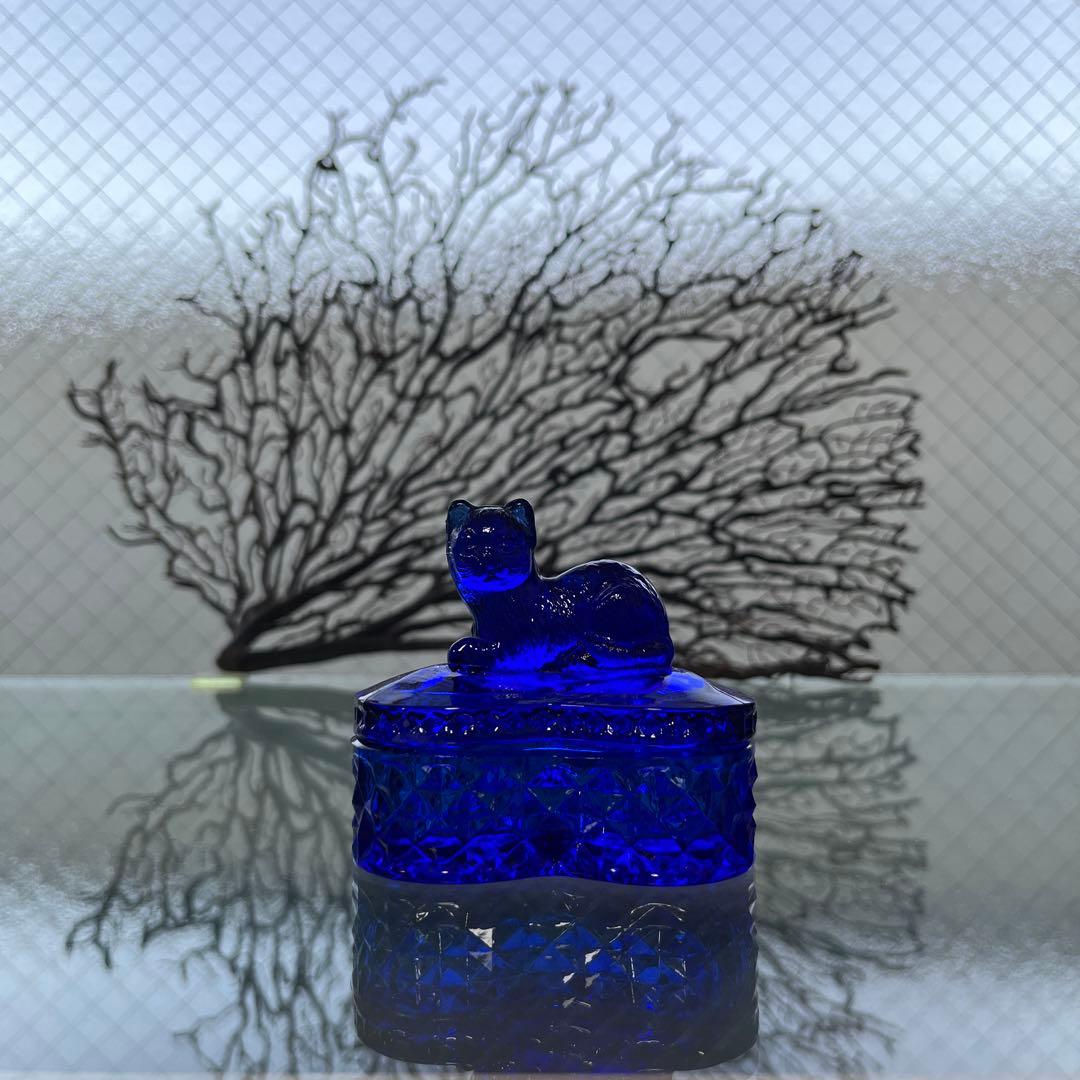 骨董　レトロガラス　希少コバルトブルー　瑠璃色ガラス　子猫　ボンボン入れ　菓子器