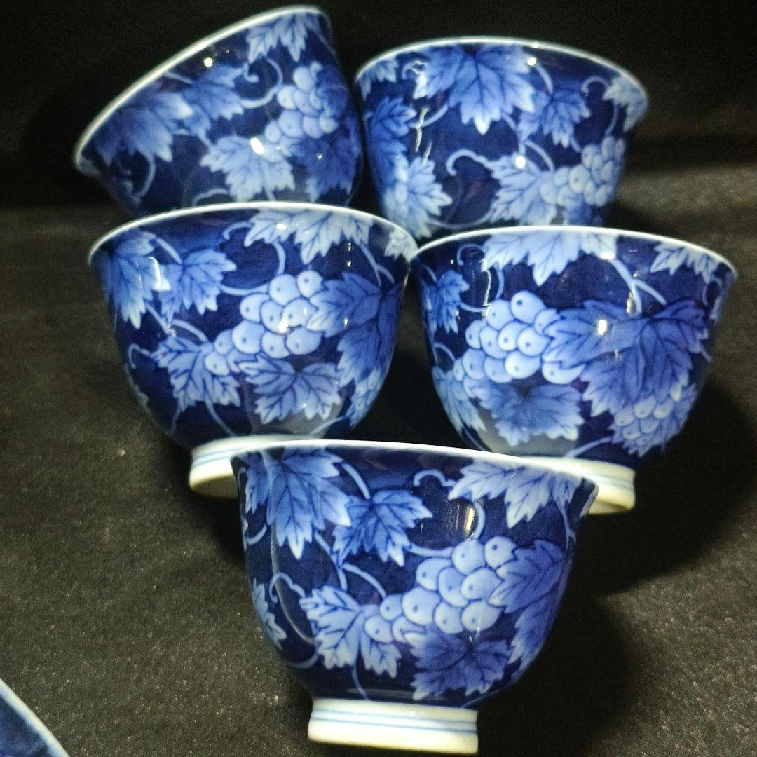 煎茶道具 香蘭社 染付け茶器 手描き葡萄文 時代物 旧家蔵出 未使用美品 中国茶