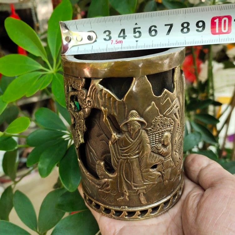 銅器 二重透かし彫りの筆箱 書道具 文房具 工芸品 美術品 置物