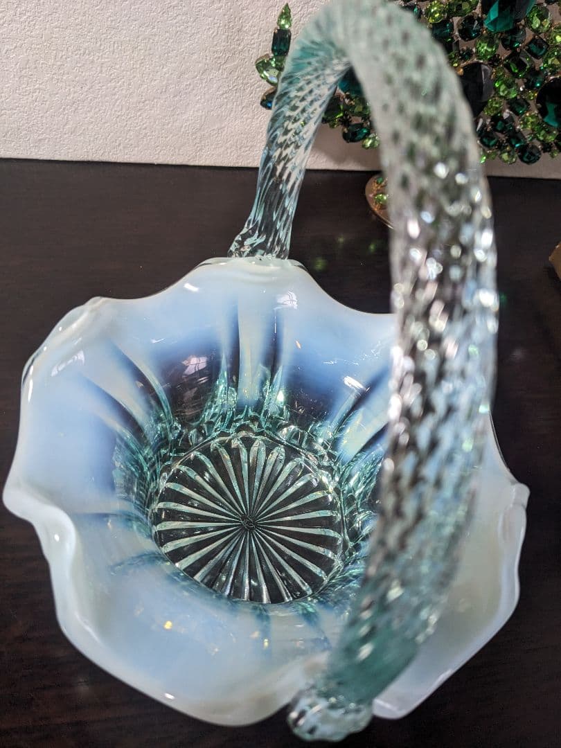 フェントン　ブルーオパルセントガラス　取って付き　お菓子入れ　小物入れ